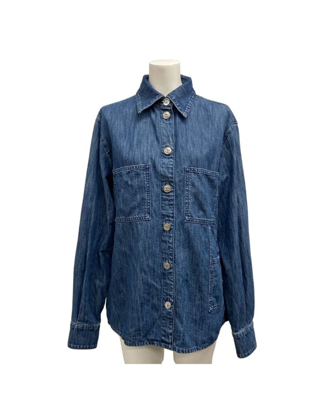 Chanel Long Sleeve Blouse S Blue Denim CC Logo Cotton 36